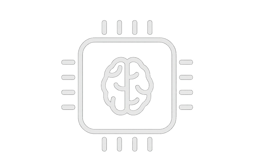 Line drawing of a brain inside a square surrounded by lines representing a datacenter AI