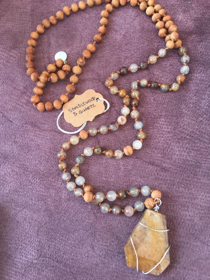Sandal Wood and Quartz Hand Knotted Mala