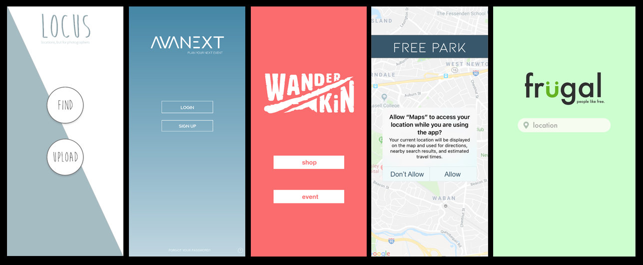 Opening screens for student UX projects. Click the links above to navigate through the prototypes.