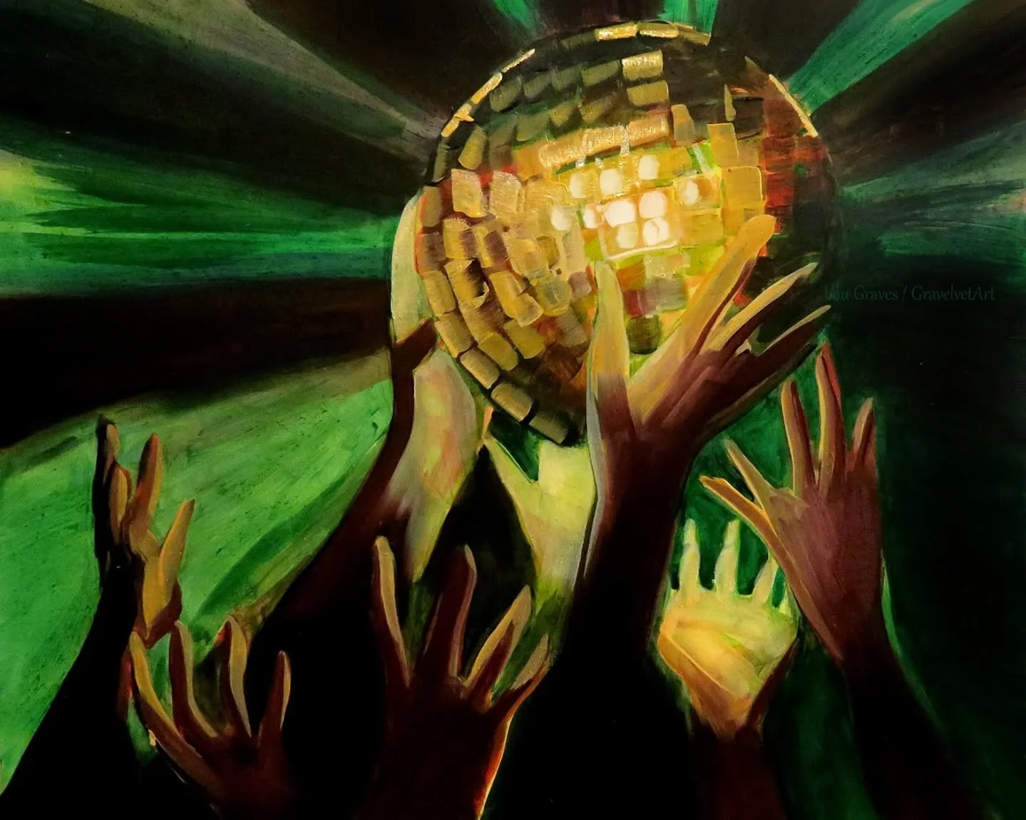 Community Disco Ball - oil on canvas board. 
First slide is normal light, second slide is under UV light. 

A painting based on a corr memory from @supermaxpartyglasgow at @the_berkeley_suite 

There is a youtube video of the full painting process up