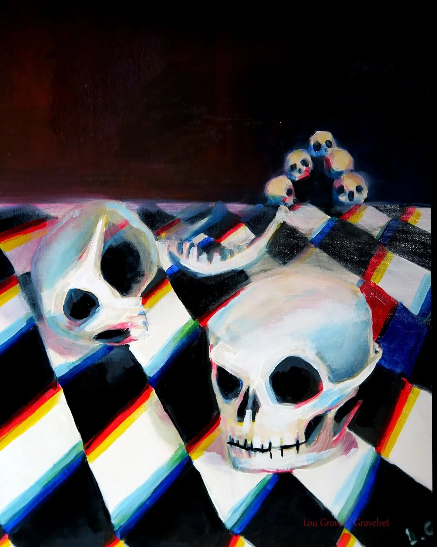 Chromatic Skulls. Oil on canvas board.
Commissioned by a private collector.
Theres a video of the painting process for this one up on ytube.