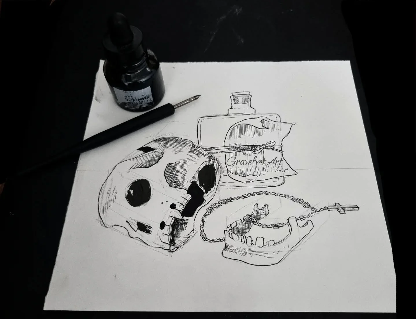 Pen and ink on paper.