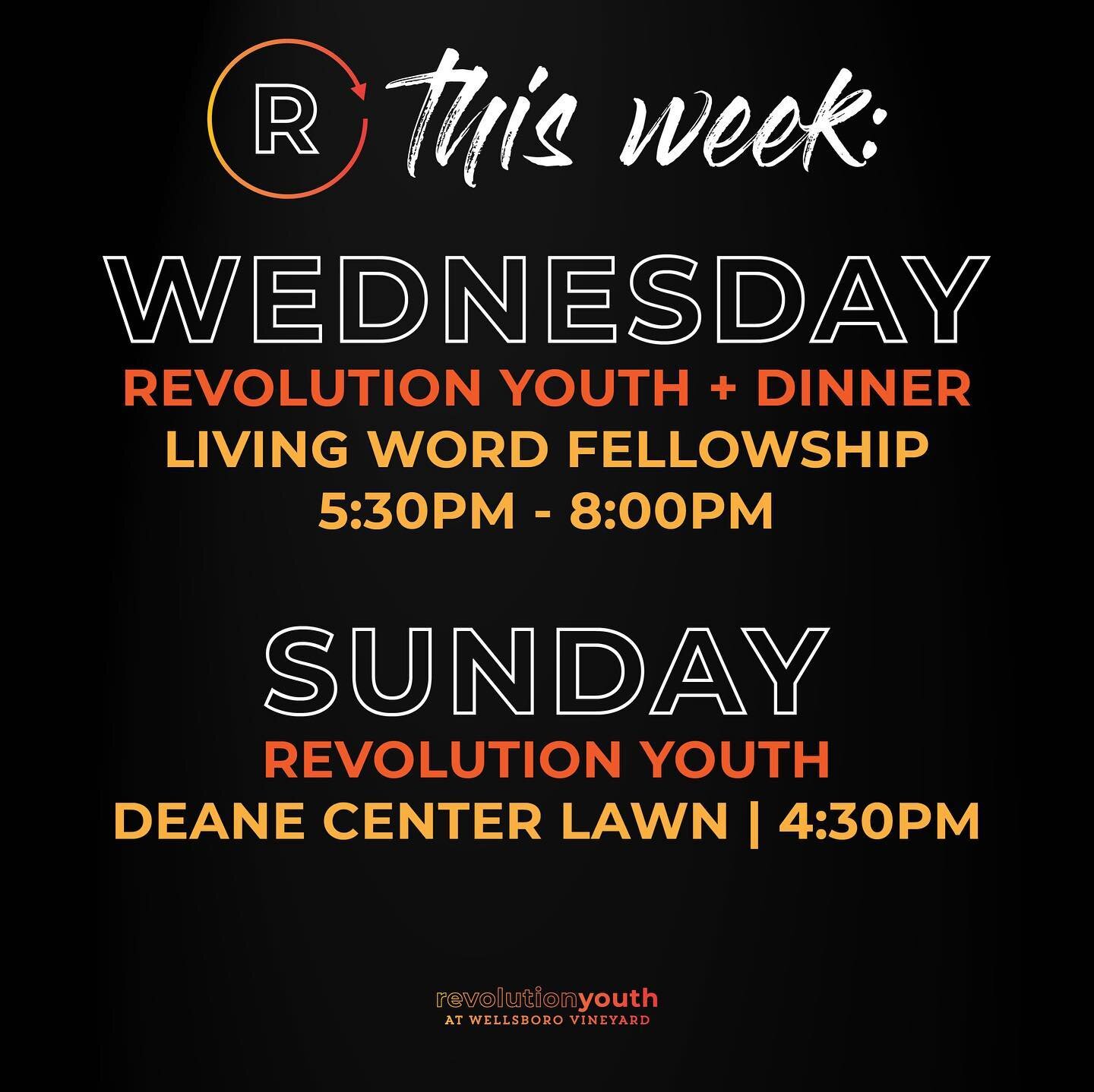 REVOLUTION YOUTH  Here's what is happening this week!

On the menu this week is chili + all the toppings, bread, and dessert! Don't forget to wear your mask and we'll see you at Living Word tomorrow night! #revolutionyouthwellsboro
