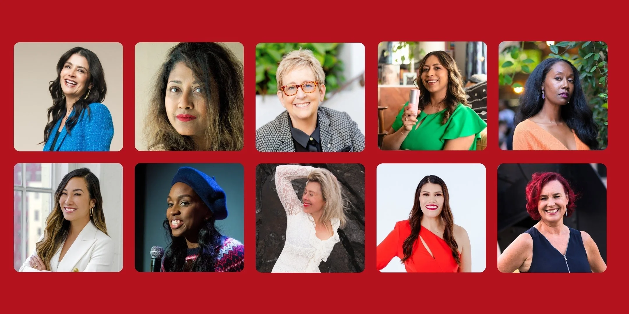 Collage of ten diverse women, each smiling and posing in different settings, with a red background.