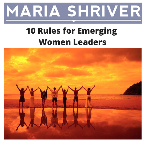 Book cover titled '10 Rules for Emerging Women Leaders' by Maria Shriver, featuring women holding hands at sunset on the beach.