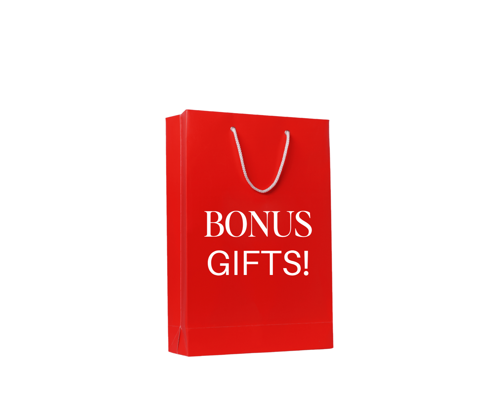 Red shopping bag with white text that reads 'BONUS GIFTS!'