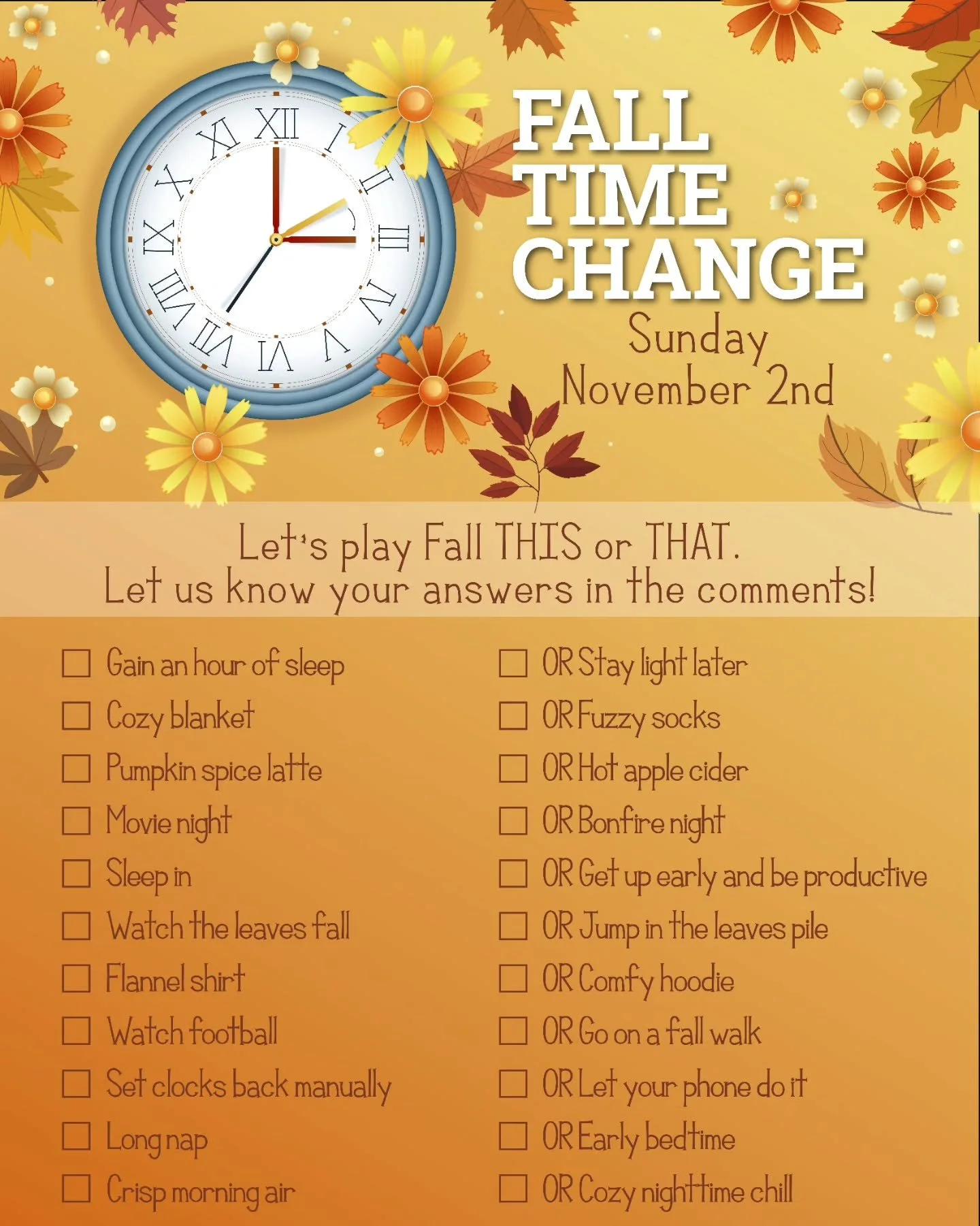 ⏰️ We get that the time change can be either a LOVE IT or HATE IT situation... to make it a little easier,  we've included some fun this or that questions below. Let us know what you're all about!✨️

#daylightsavingtime #timechange #thisorthat #sleep