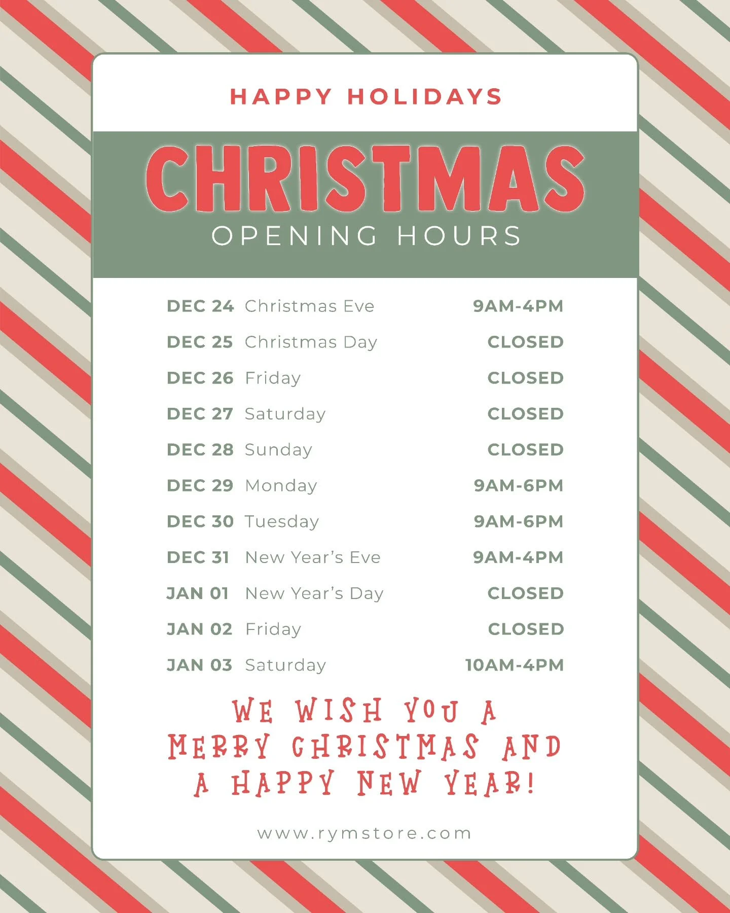 🎄✨️HOLIDAY PSA✨️🎄
Our hours are getting a little festive this season!🎅🎁 Before you stop by, make sure to check out our holiday schedule 👀 

Thank you for supporting our small business-- we appreciate you more than hot cocoa on a cold day❤️

#rem