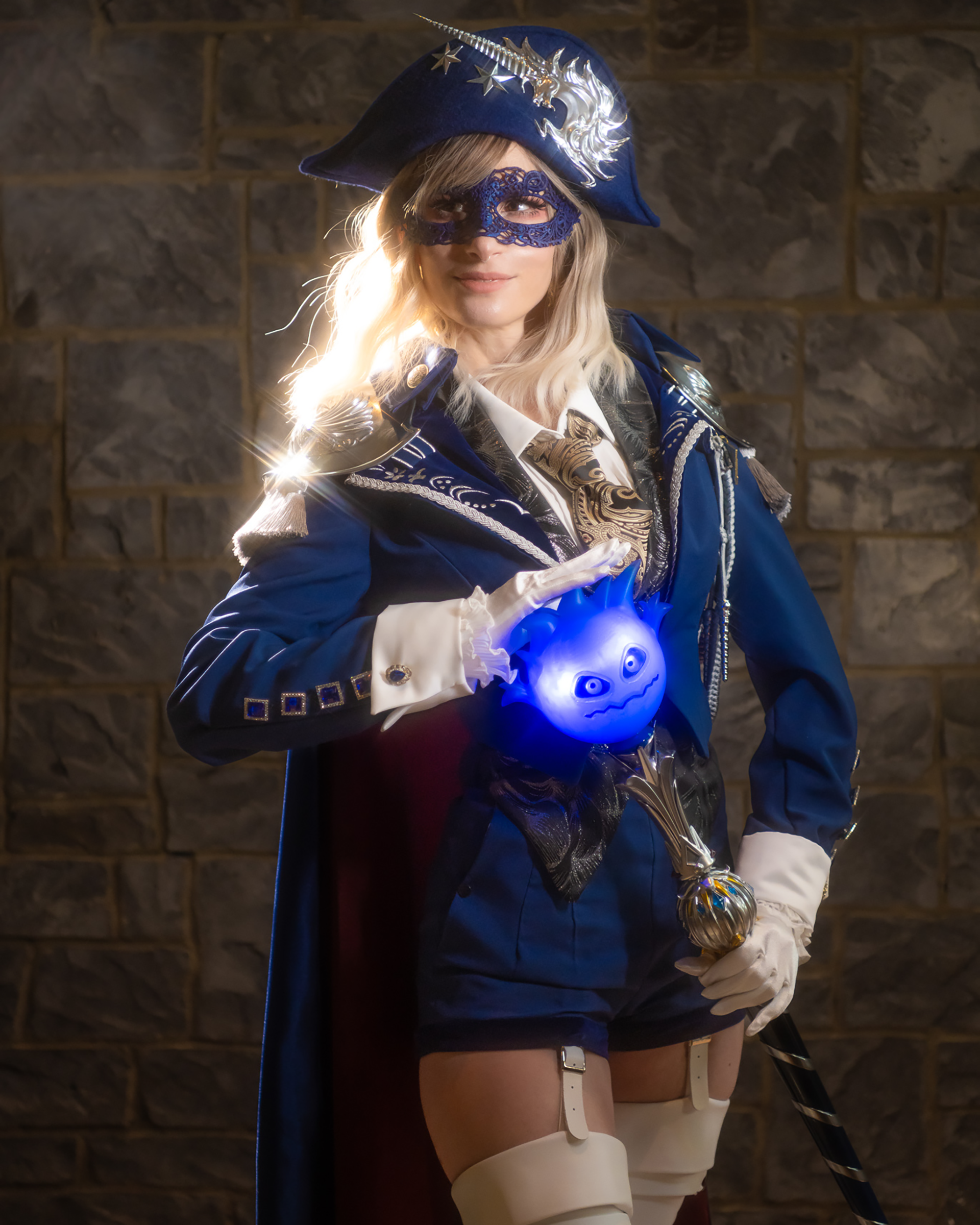 Bindi Smalls in a detailed blue mage costume, representing the concept and planning stage of a custom build.