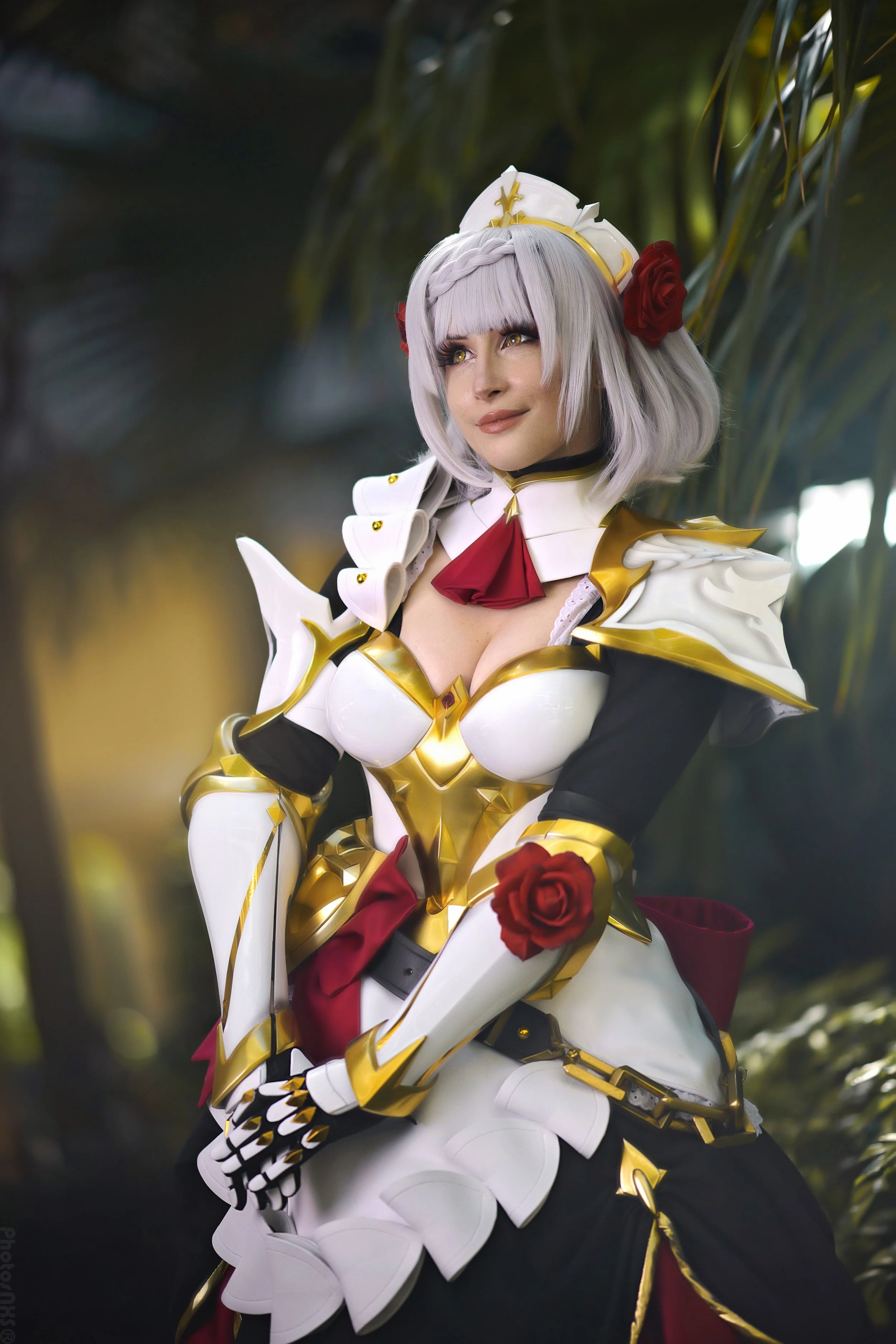 Bindi Smalls in a custom white, gold, and red armored costume, showcasing detailed costume design and fabrication.