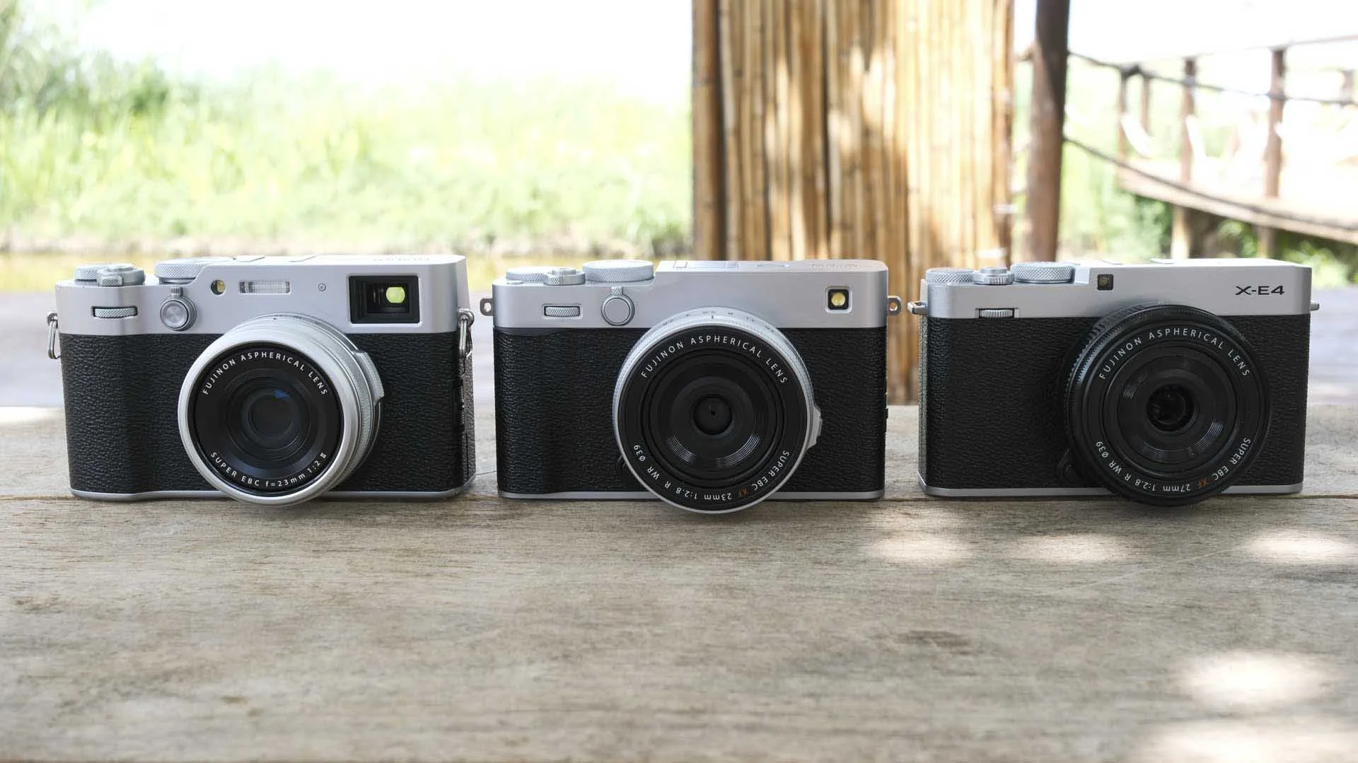  From left to right, The Fujifilm X100VI, X-E5 and X-E4. The lever on the X100 VI switches between the electronic and optical viewfinders, on the X-E5 it’s a useful customisable control that gives a quick route to up to four features. 