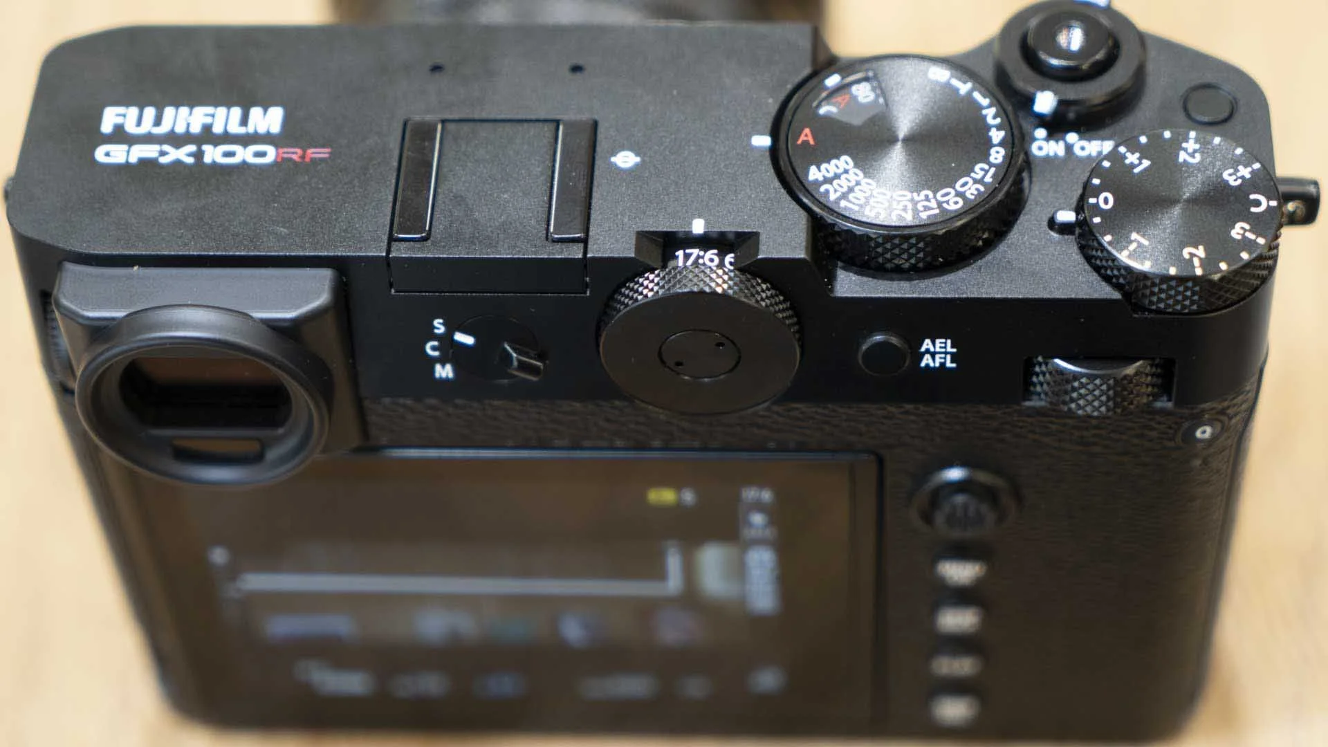 The aspect ratio dial is near the centre of the top of the Fujifilm GFX100RF.