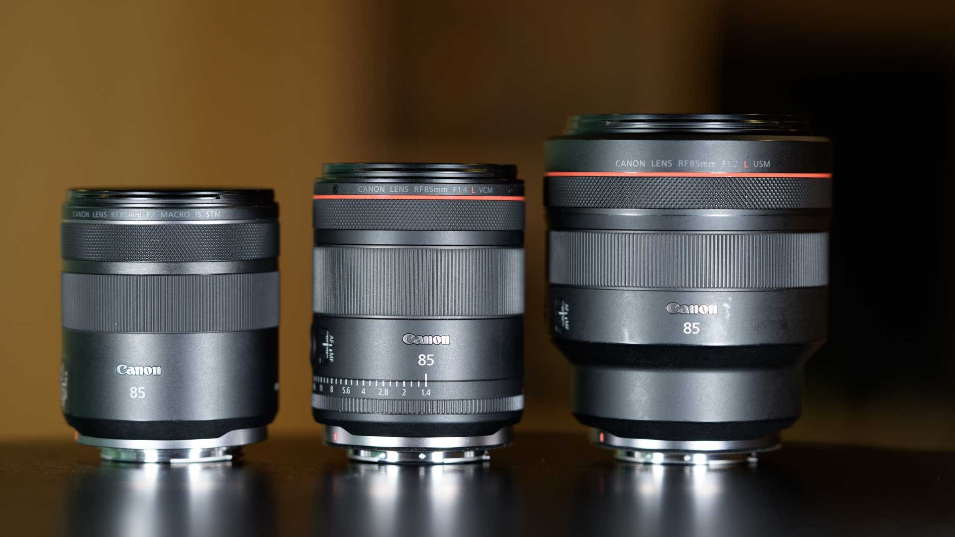  From left to right, the Canon RF 85mm f2 IS Macro STM Lens, the new Canon RF 85mm F1.4L VCM and the Canon RF 85mm f1.2L USM lenses. 