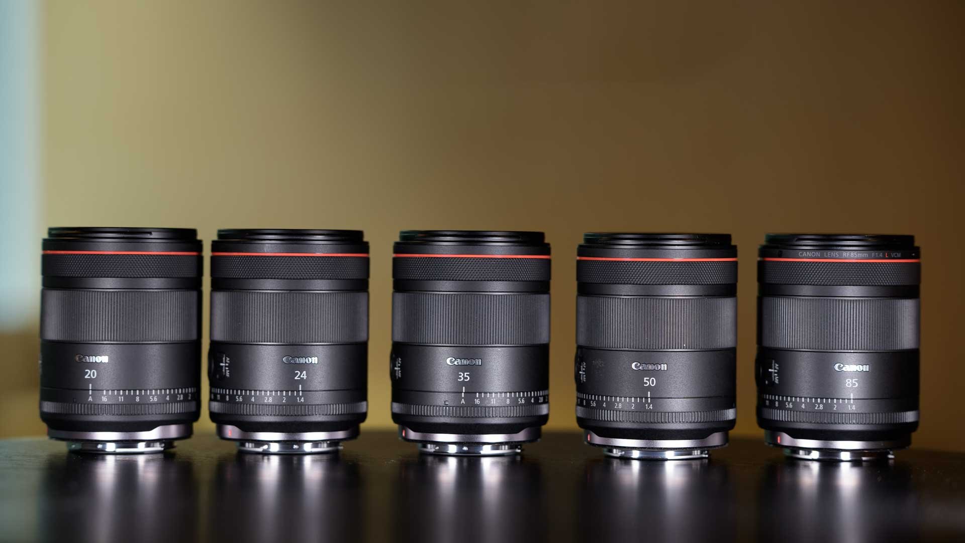  Canon now has five lenses in its f/1.4 VCM prime lens line-up, starting with the 20mm on the left, followed by the 24mm, 35mm, 50mm and 85mm. 