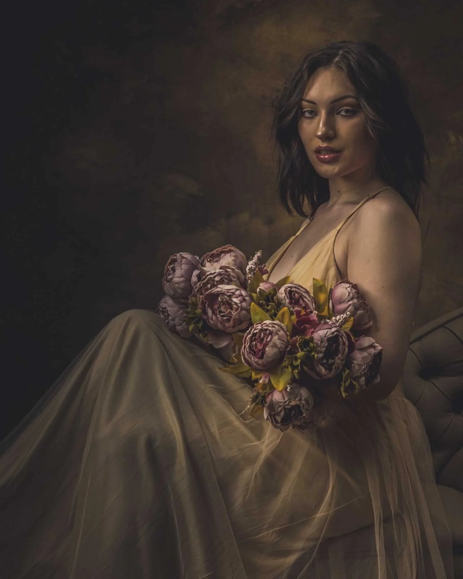 an old painting style image of a woman with peonys