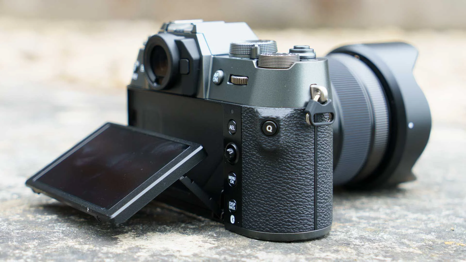 The Fujifilm X-T50’s screen can be tilted up or down in landscape orientation, but not in portrait orientation.