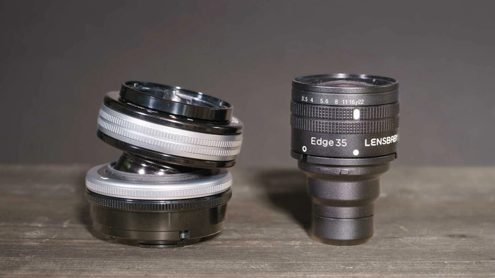 The Lensbaby Composer Pro II (left) next to the Edge 35 optic (right). The Composer Pro II is a tiltable housing or barrel that can hold optics such as the Edge 35.