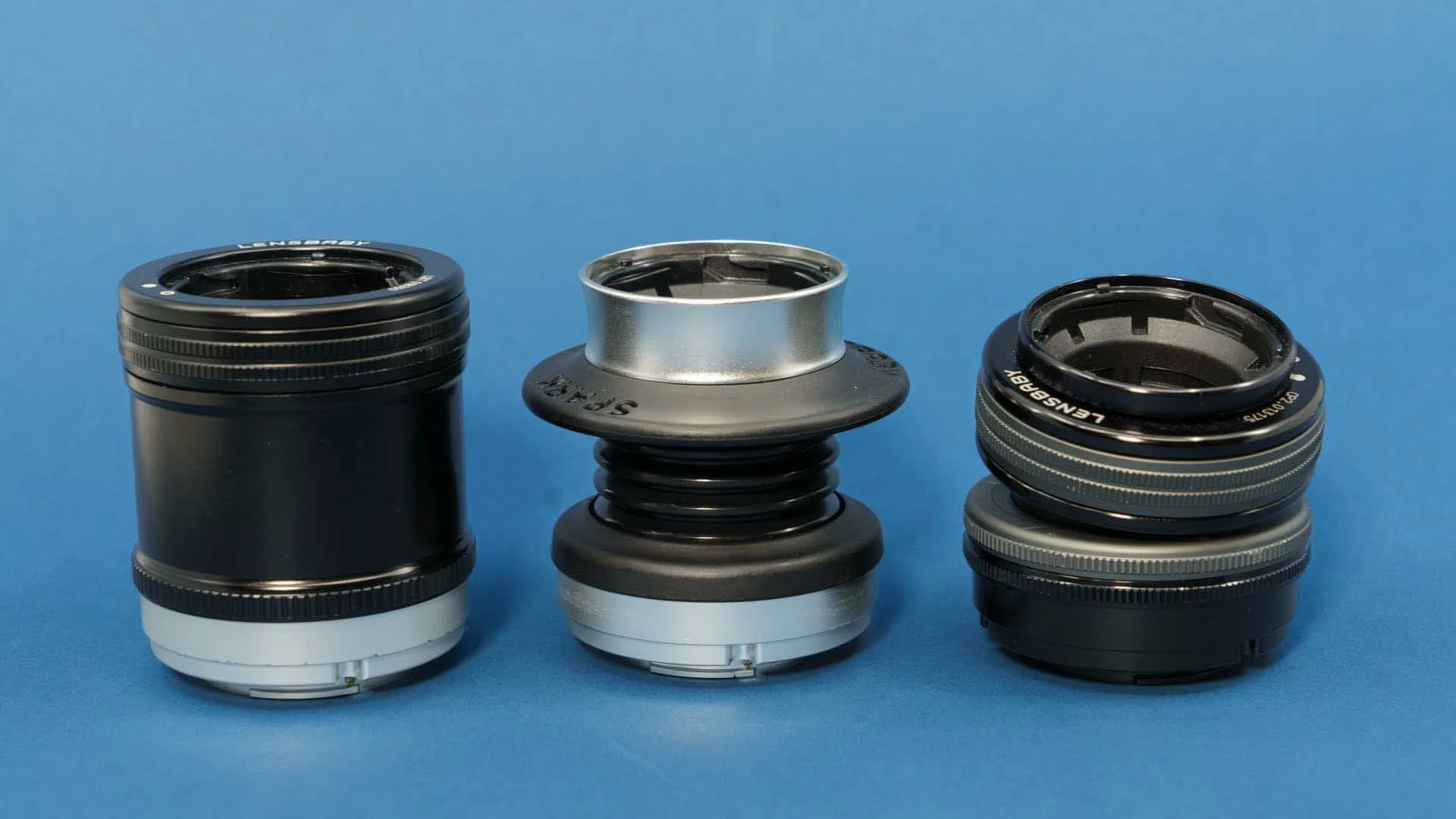 Left to right, the Lensbaby Straight Body, Spark 2.0 and Composer Pro II - all without optics.