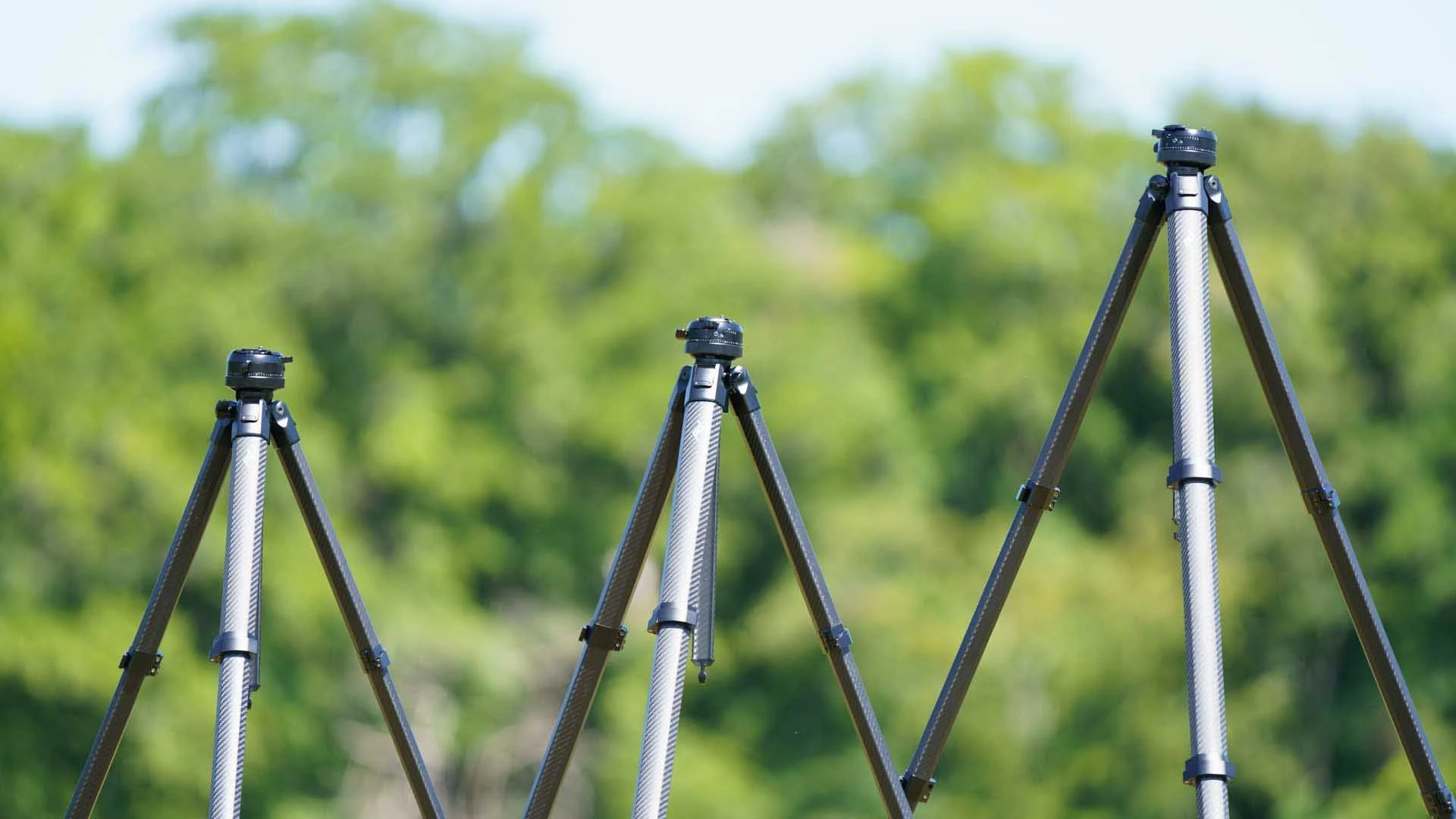  The Peak Design Pro Tripods with their legs at full extension, but their centre columns retracted. From left to right: the Peak Design Pro Lite, Peak Design Pro and Peak Design Pro  Tall. This shows the relatively small difference in height between the Lite and Pro versions. 