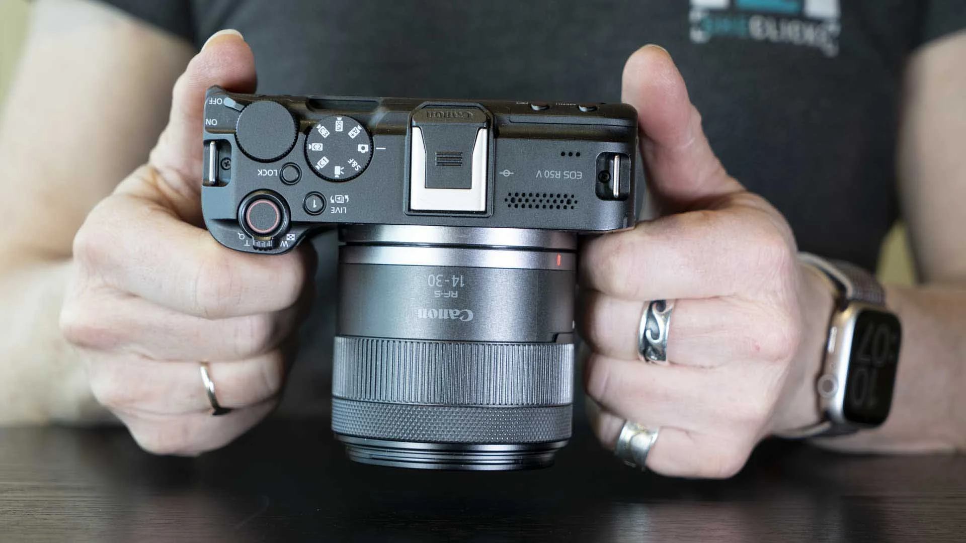 The W-T control in front of the record/shutter button is the Canon EOS R50 V’s power zoom control.