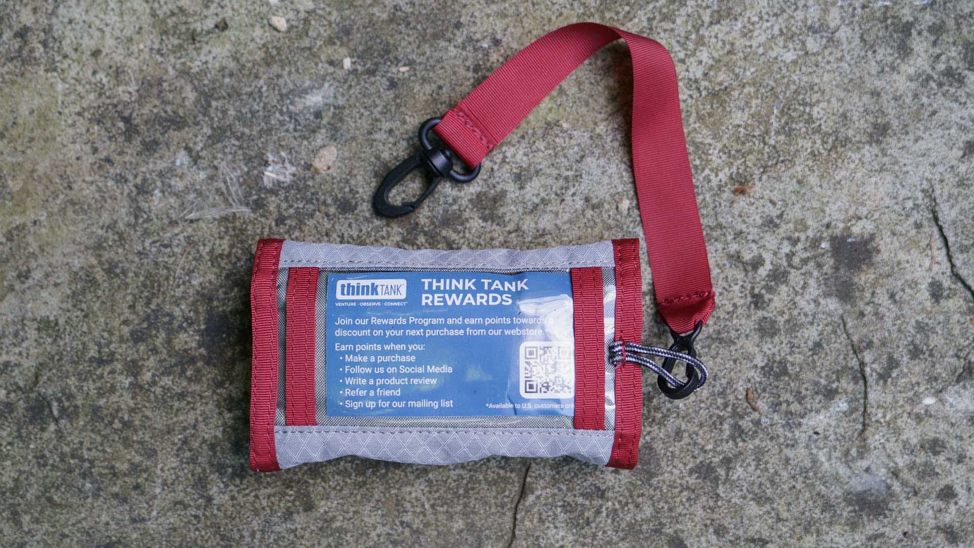  There are two belt loops and a clear plastic ID pocket on the rear of the outside of the Think Tank Cards and Power Wallet. 