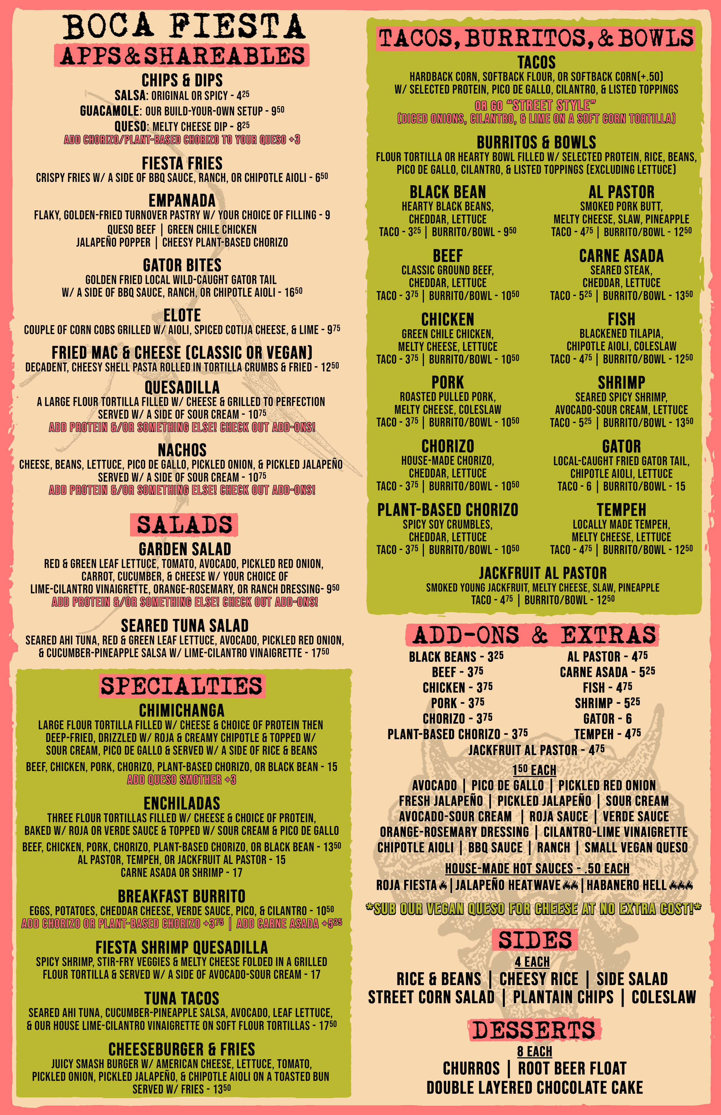 the food side of boca fiesta's menu. call us at 352-336-8226 for details of the menu
