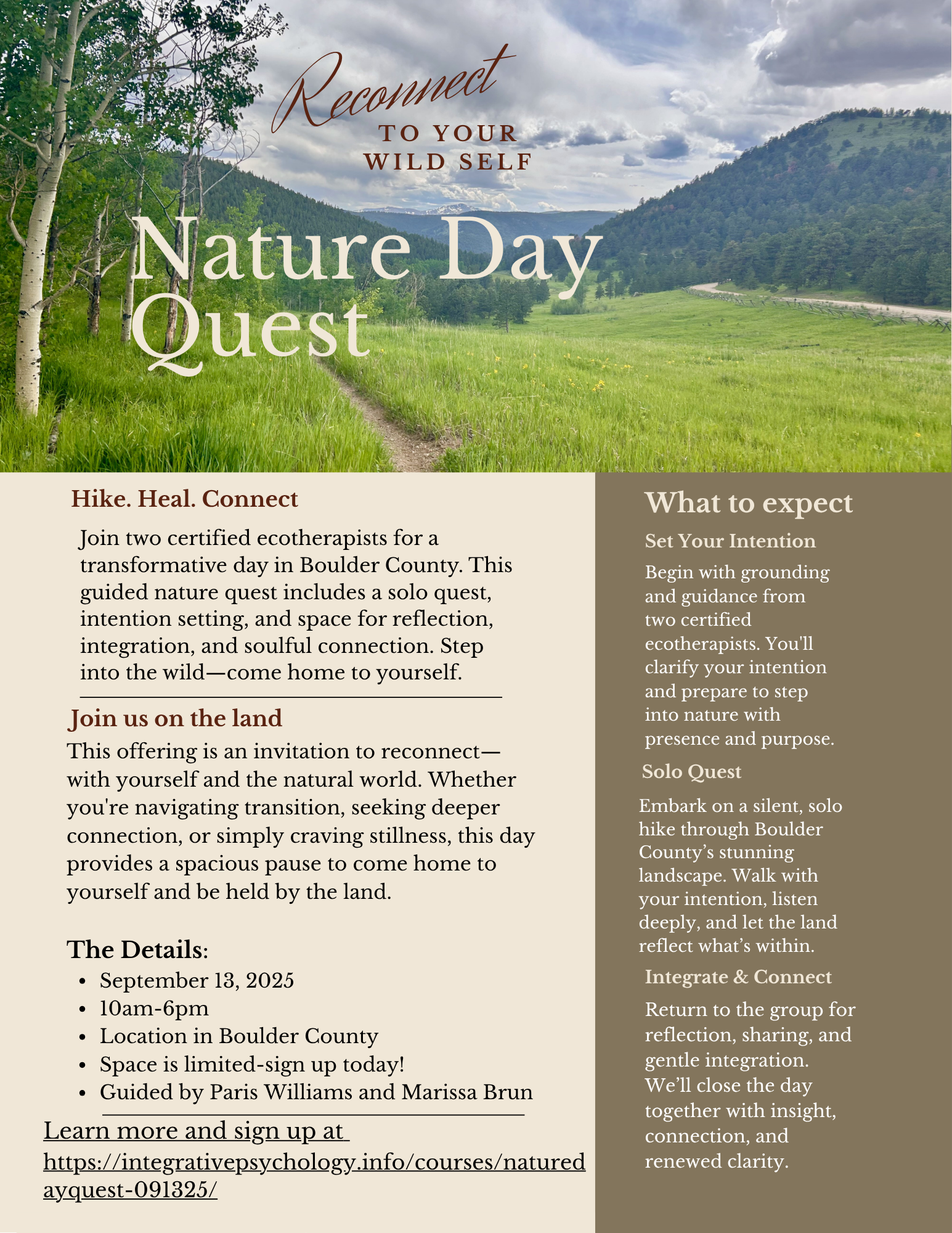 Flyer for Ecotherapy Retreat Nature Day Quest in Boulder County in September 2025 with green hills and a trail