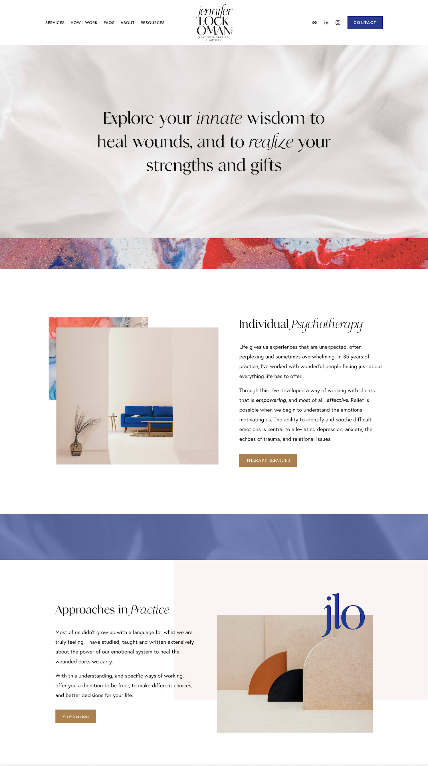 Psychotherapy service webpage with artistic design, motivational text "Explore your innate wisdom," and sections on individual psychotherapy approaches, modern decor image, and geometric art.