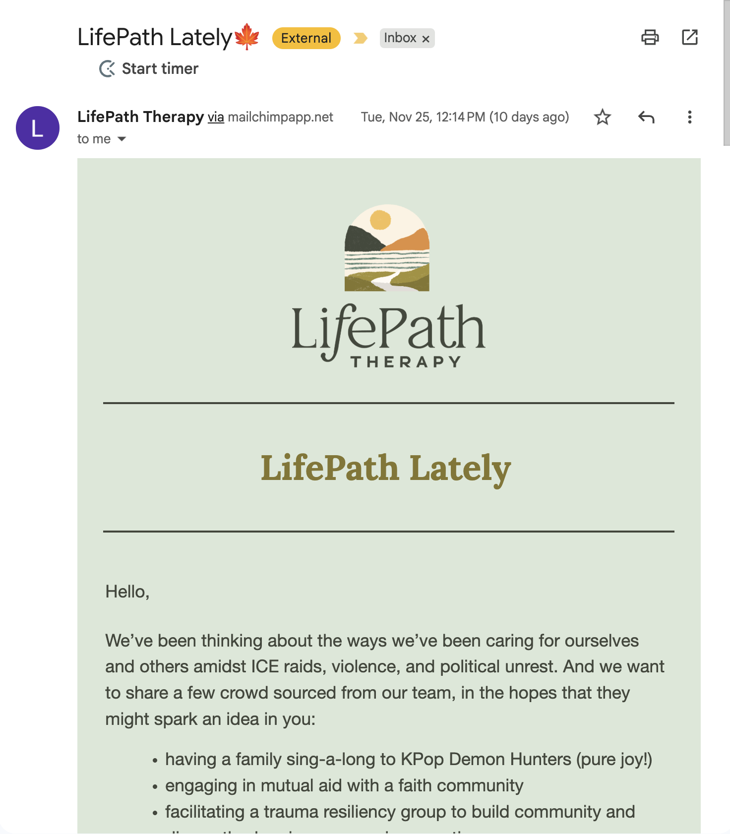 LifePath is a therapy practice who sends out updates about their practice and team updates.