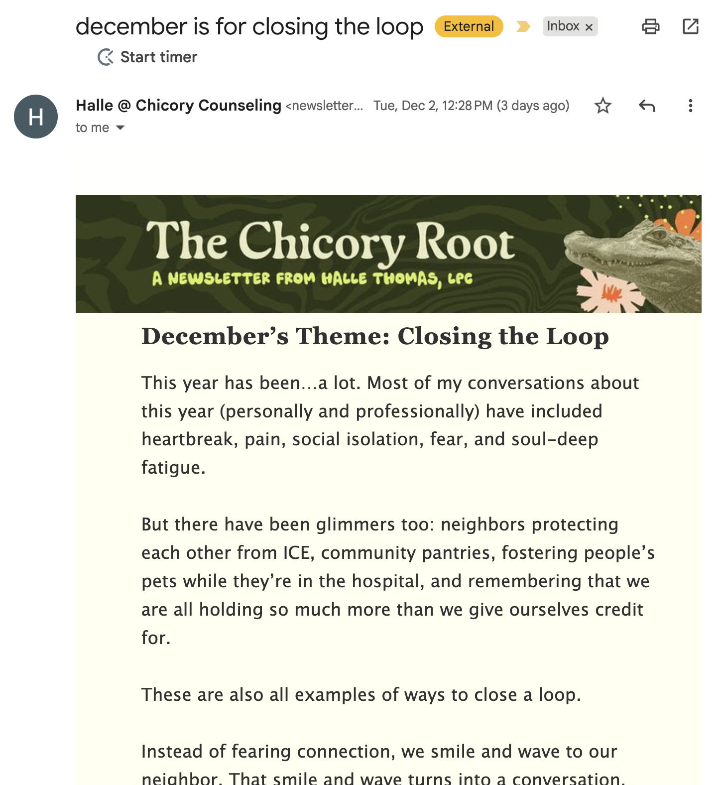 Chicory Counseling sends a monthly newsletter with themes about her practice.