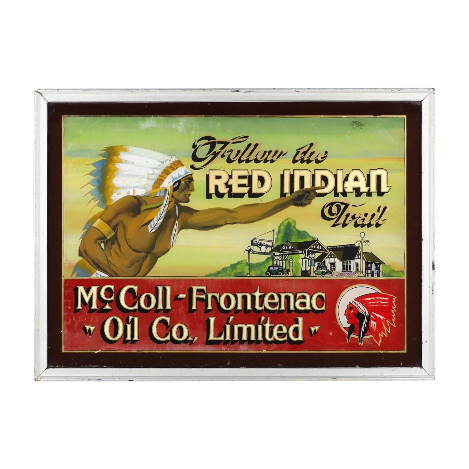 A CANADIAN McCOLL-FRONTENAC RED INDIAN REVERSE-ON-GLASS SIGN FROM THE 1940s SOARS TO $24,780 ON DAY 2 OF MILLER &amp; MILLER’S TWO SALES DAYS