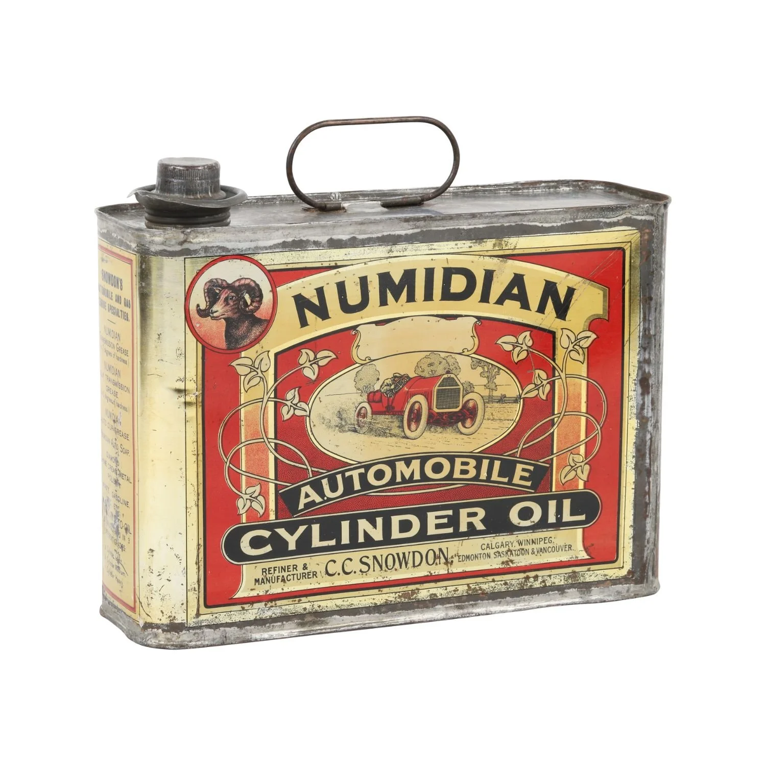 Circa 1920s Canadian two-sided lithographed tin from around the 1920s for C.C. Snowden Numidian Automobile Cylinder Oil, with a graphic of a race car (estimate: CA$12,000-$15,000).
