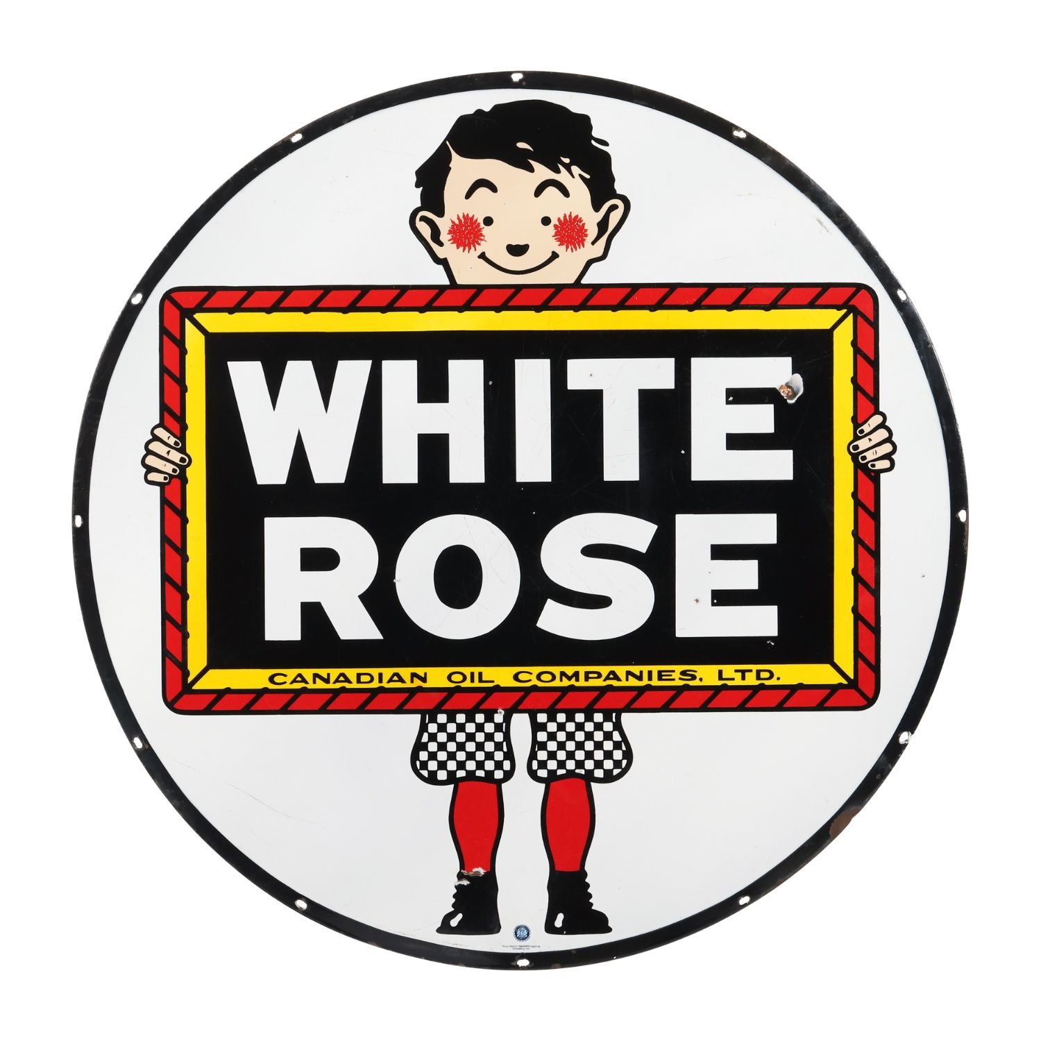 Canadian 1940s double-sided porcelain sign for White Rose Gasoline, round and 48 inches in diameter. Side A is graded 8.75; side B is graded 8.5 (estimate: CA$9,000-$12,000).