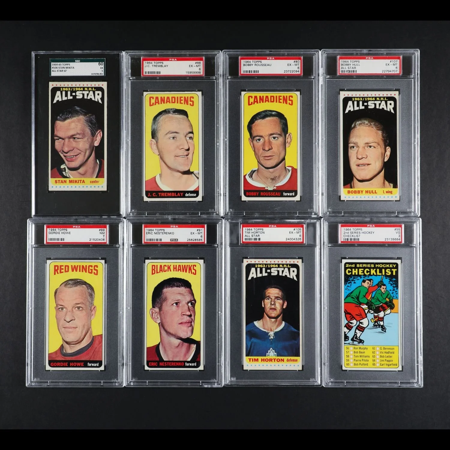 Complete set of 110 1964-1965 Topps “Tall Boys” hockey cards, graded well at PSA Excellent+ (CA$15,340).
