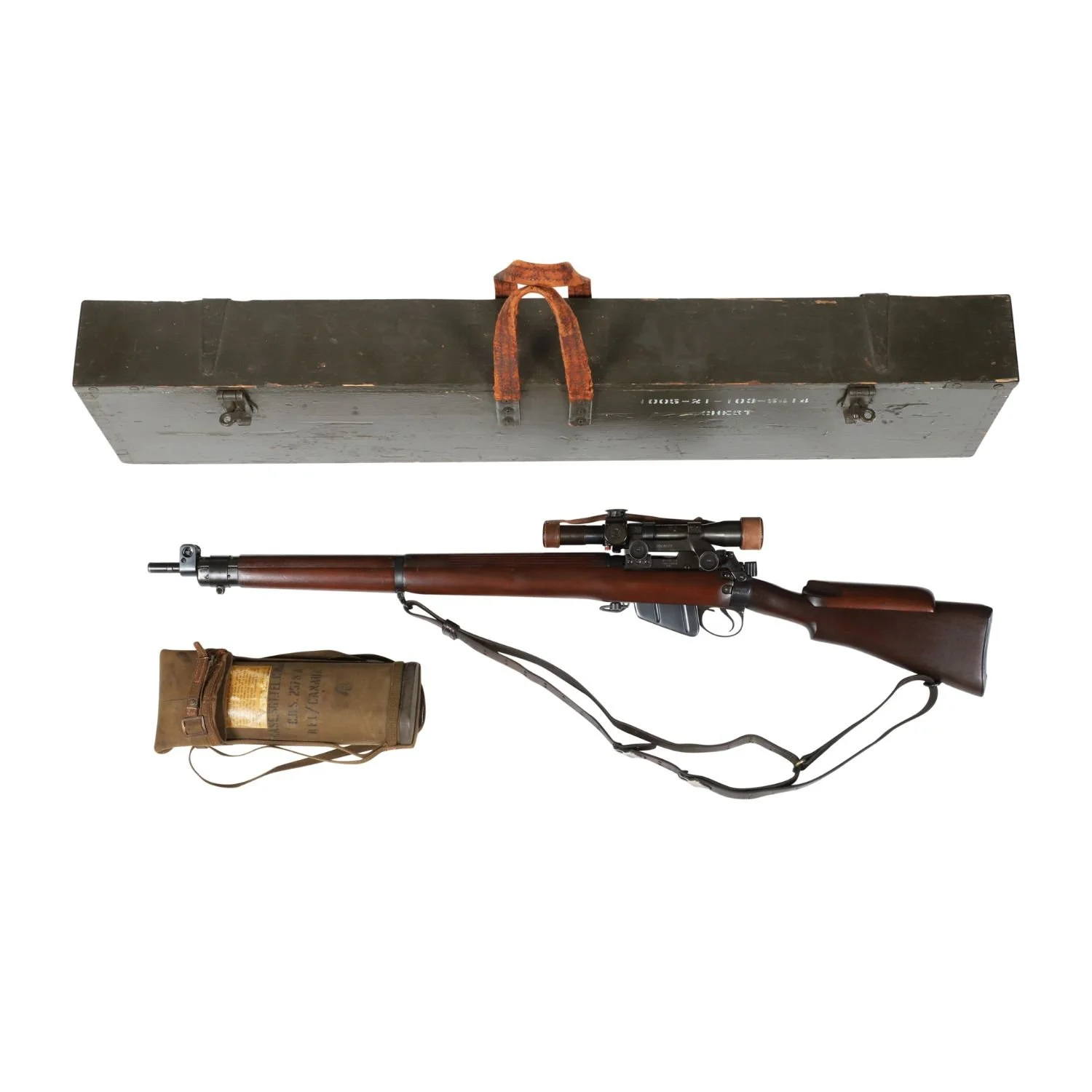 Canadian Small Arms Limited / Long Branch Lee-Enfield No. 4 sniper rifle in a transit chest, one of around 1,588 that were produced between 1942 and 1946. Estimate: CA$16,000-$18,500.