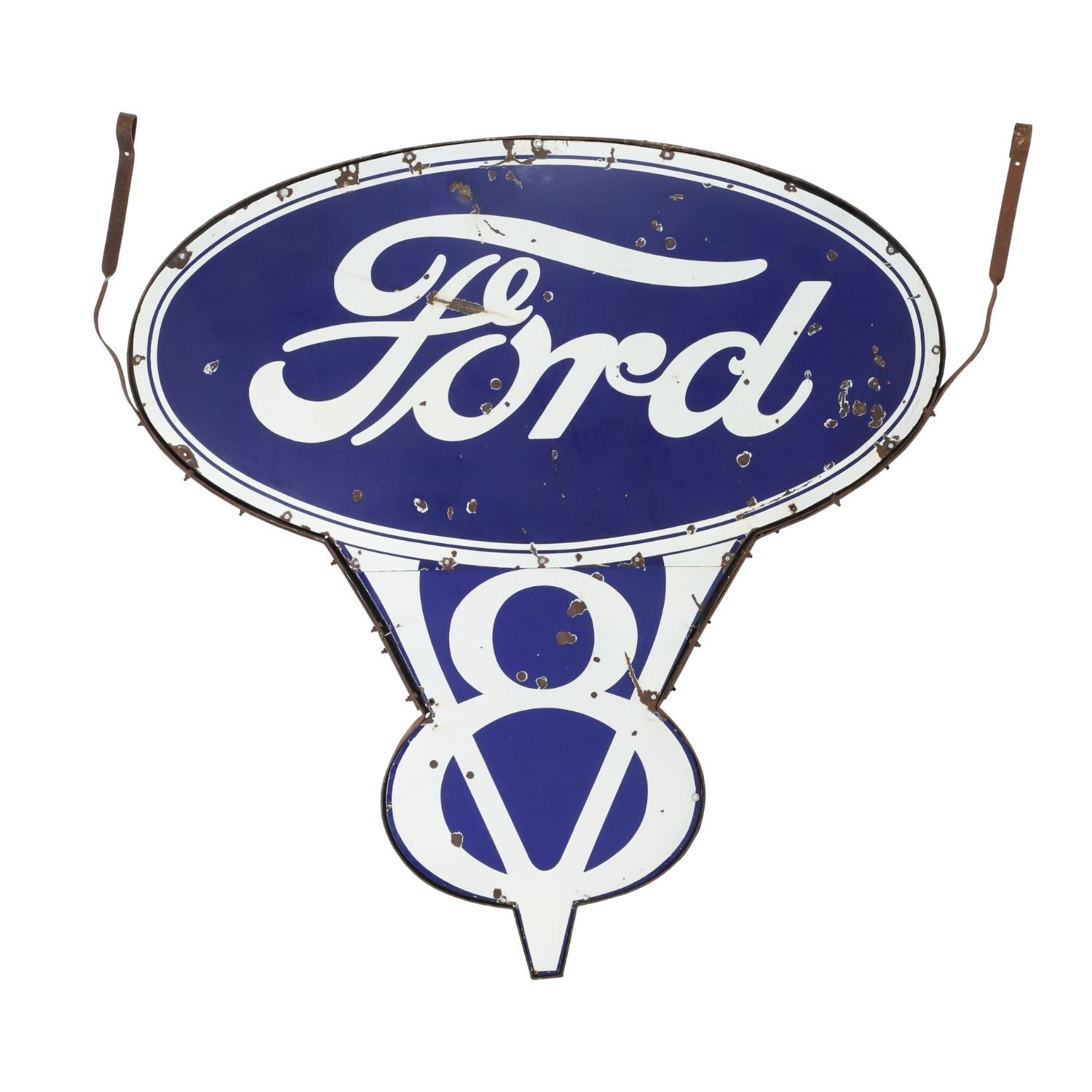 Two Canadian 1930s single-sided porcelain Ford V8 Dealer signs mounted back-to-back. Estimate: CA$20,000-$25,000.