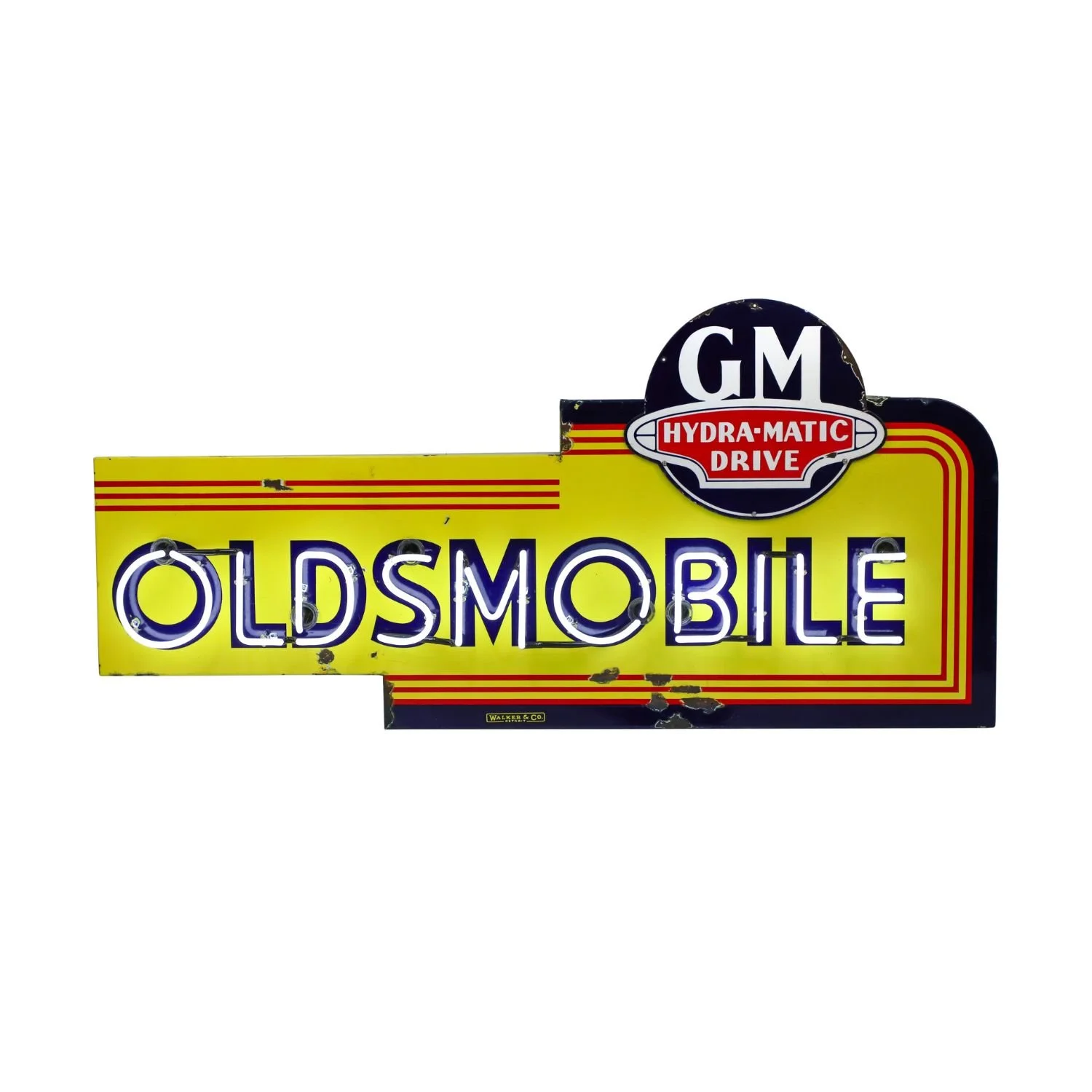 1940s Oldsmobile GM (“Hydra-Matic Drive”) single-sided porcelain neon dealer sign (CA$27,140).
