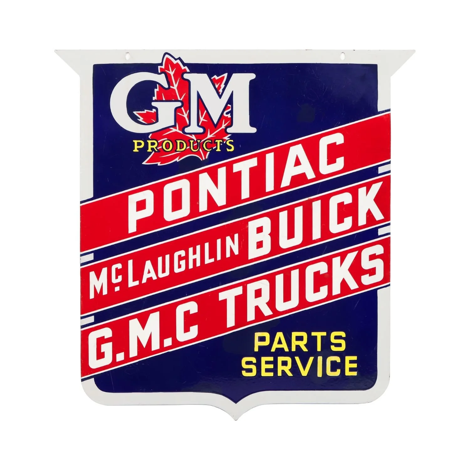 1930s GM Products / Parts / Service (“Pontiac / McLaughlin Buick / G.M.C. Trucks”) double-sided porcelain sign (CA$31,860).