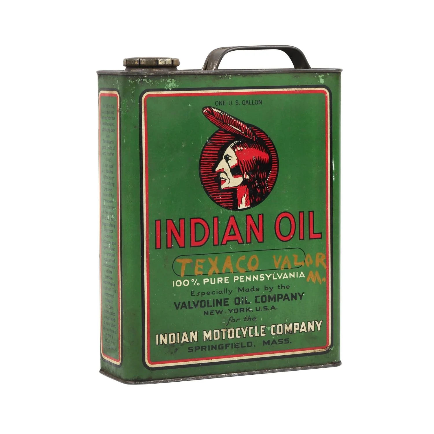 1920s lithographed tin Indian Oil can, featuring the early style Indian Motorcycle logo (CA$10,030).