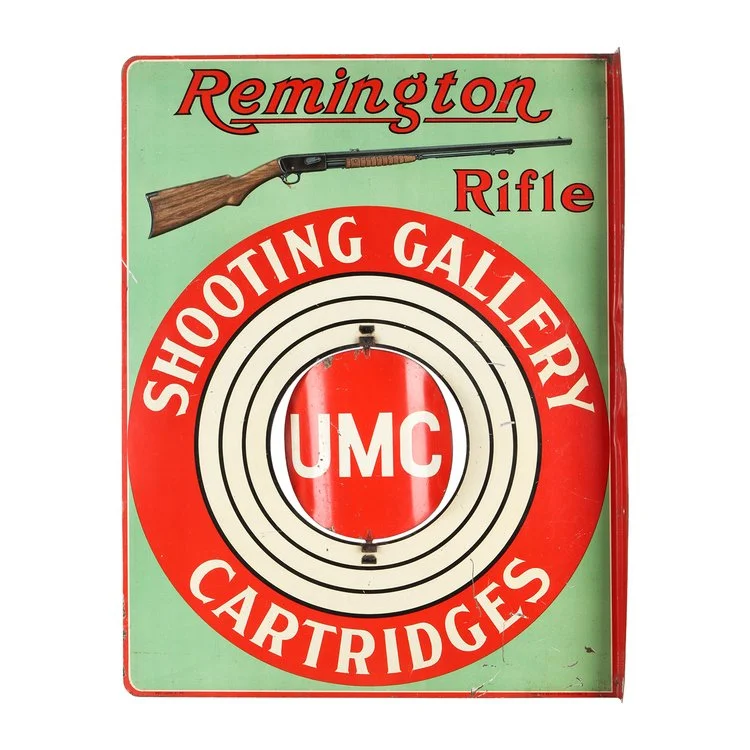 Early and possibly unique Remington Rifles &amp; Cartridges ‘spinner’ tin lithograph flange sign found hidden in a wall in Armstrong, British Columbia, circa 1910s (est. $12,000-$15,000).