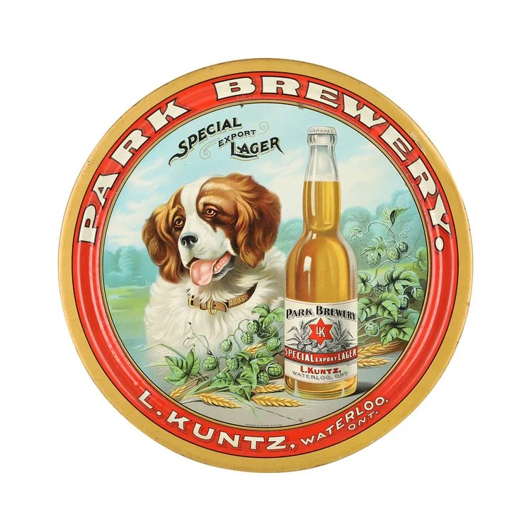 Canadian Kuntz Brewery (Waterloo, Ontario) ‘St. Bernard’ lithographed tin beer tray, 13 inches in diameter, boasting vibrant colors (est. $5,500-$7,500).