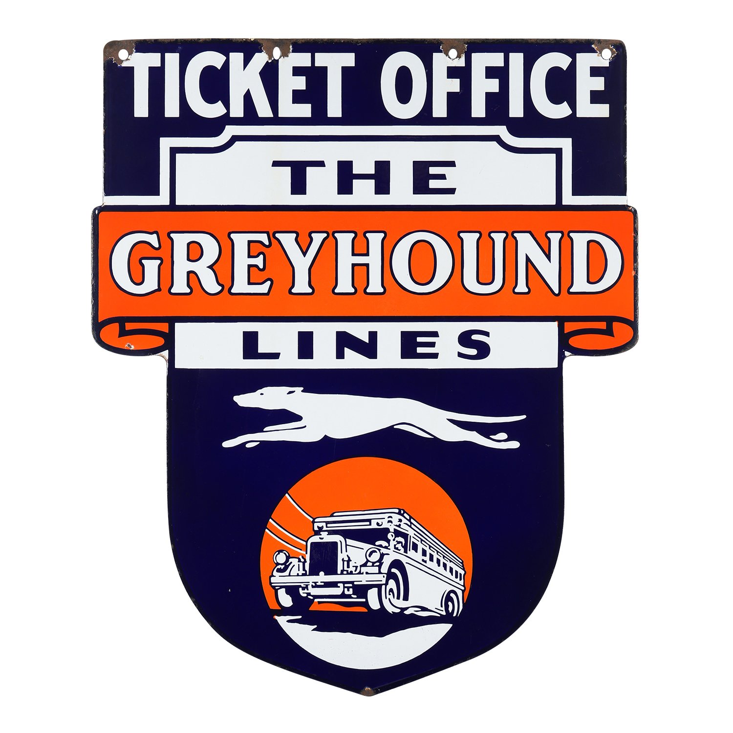 1930s Greyhound Coach Lines ticket office sign, double-sided porcelain and very rare, 30 inches tall, 25 inches long, marked “Baltimore Enamel 200 Fifth Ave., New York” (CA$21,240).