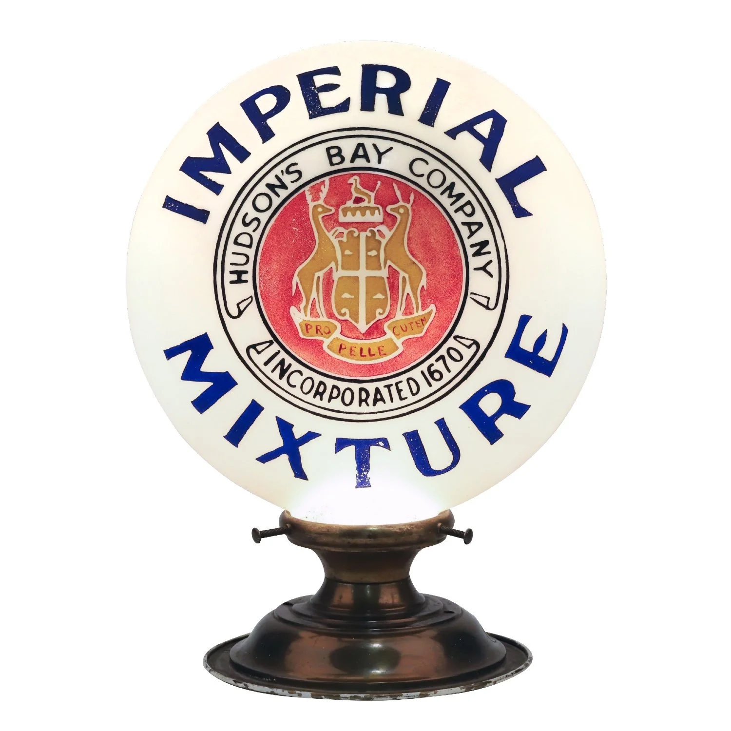 1920s Imperial Mixture Tobacco one-piece deep etched milk glass globe with original paint (CA$10,030).