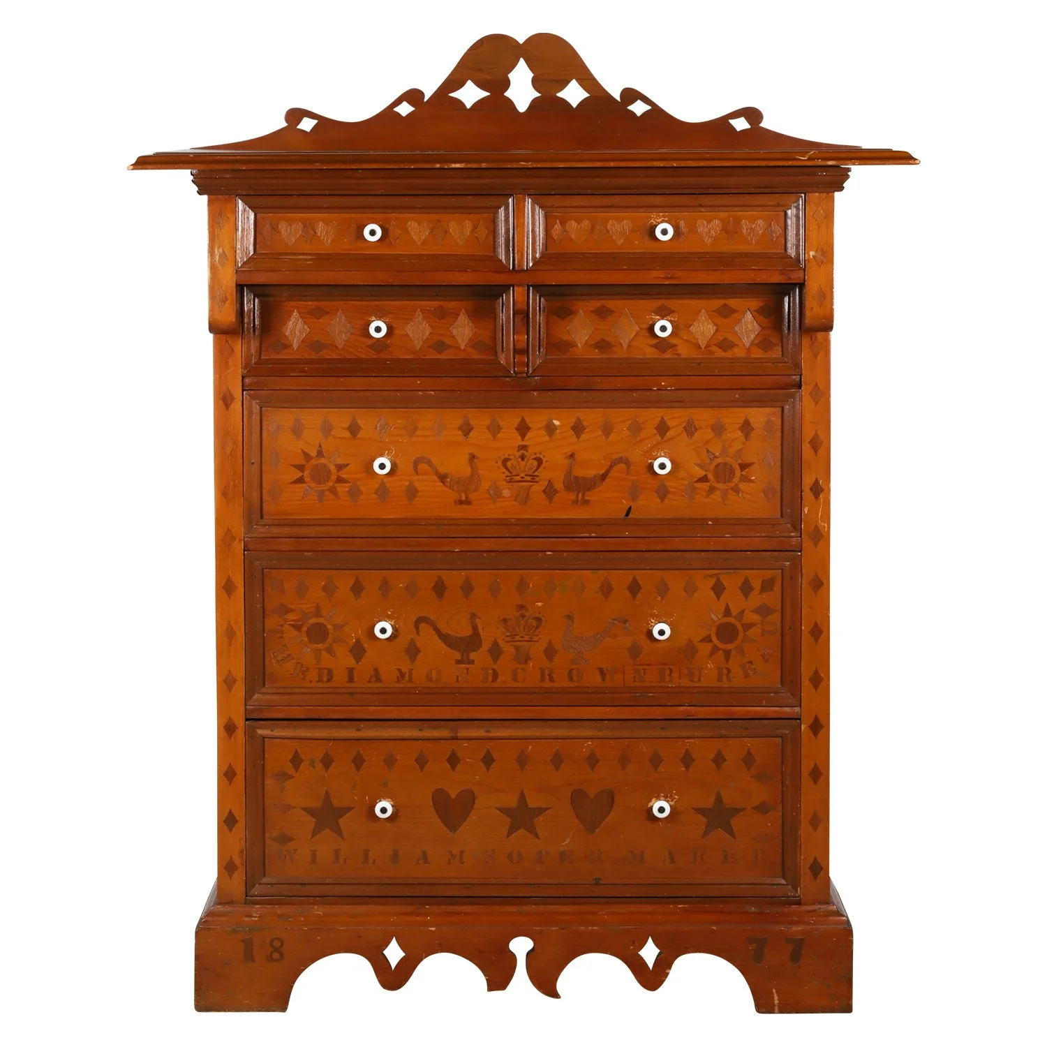 Country Empire-style chest of drawers (Huttonville, Peel County, Ontario) made by William Soper in 1877, with inlays of stars, diamonds, hearts, birds and crowns (est. CA$4,000-$6,000).