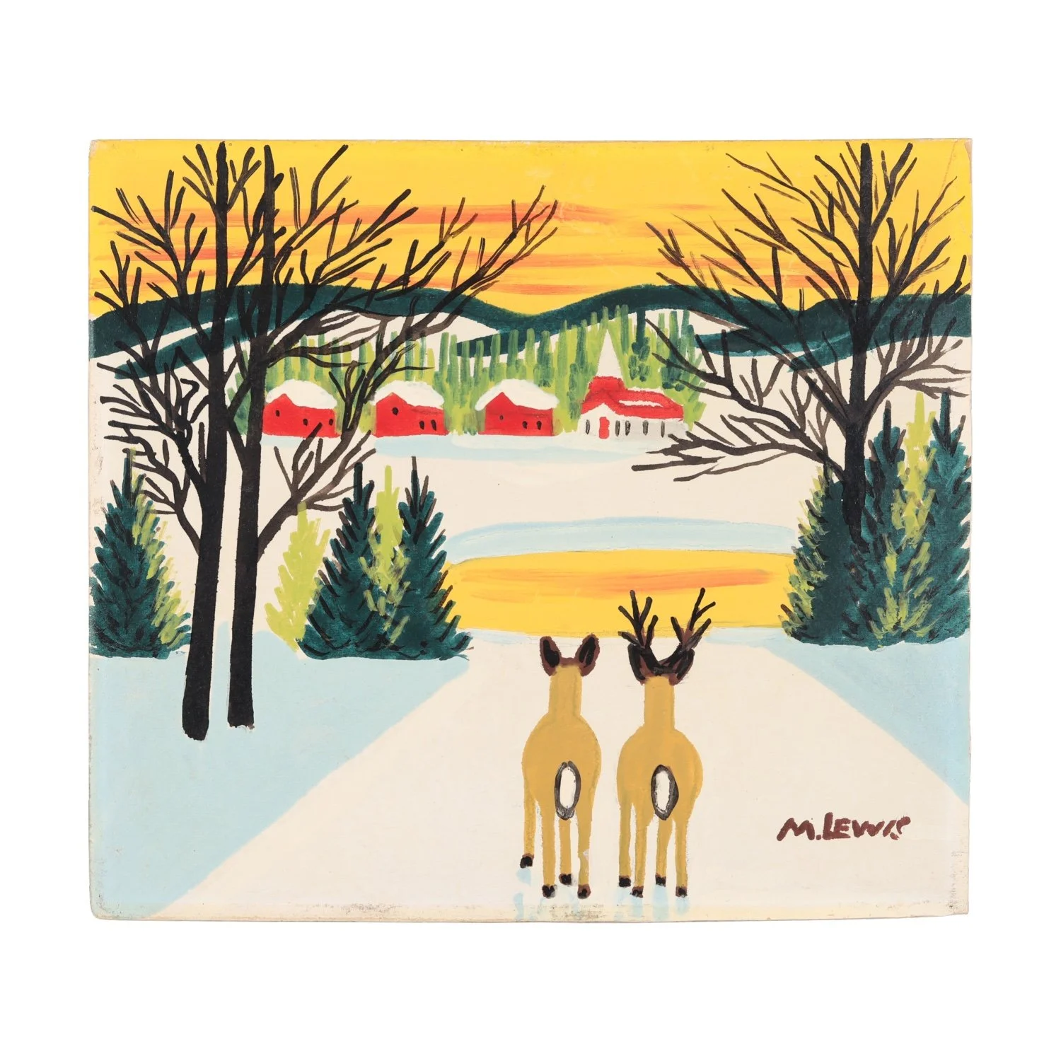 Original oil on beaverboard painting by Canadian folk artist Maud Lewis (1903-1970), titled Two Deer, 12 inches by 13 ½ inches, signed “M. Lewis” lower right (CA$44,250).