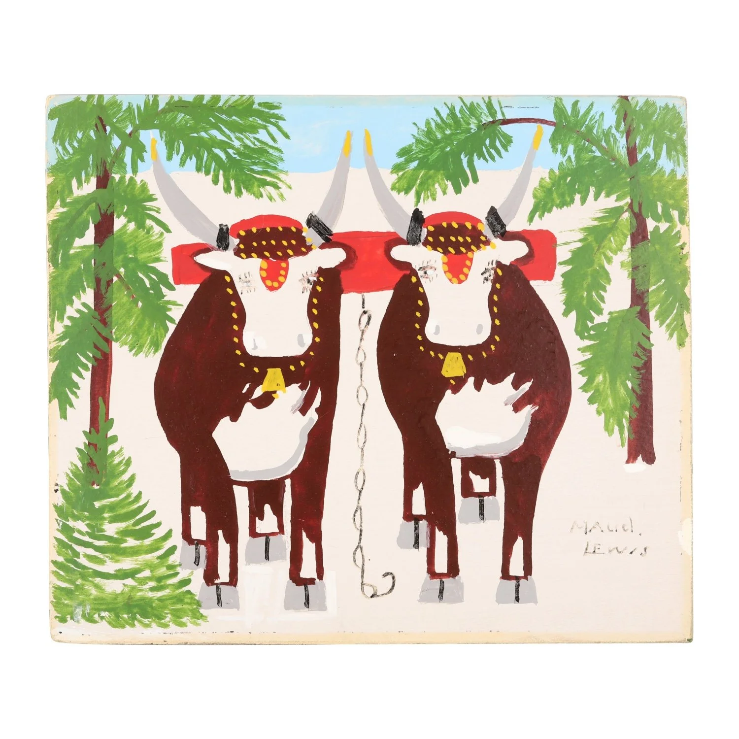 Original oil on beaverboard painting by Canadian folk artist Maud Lewis (1903-1970), titled Oxen in Winter, 12 inches by 14 inches, signed “Maud Lewis” lower right (CA$38,350).