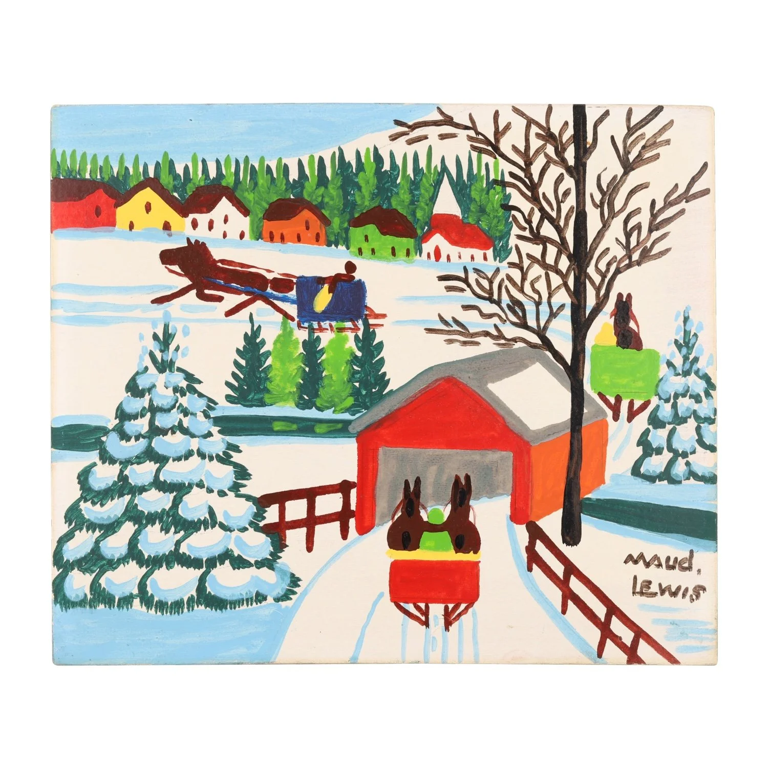 Original oil on beaverboard painting by Canadian folk artist Maud Lewis (1903-1970), titled Covered Bridge in Winter, 12 inches by 14 inches, signed “Maud Lewis” (CA$37,760).