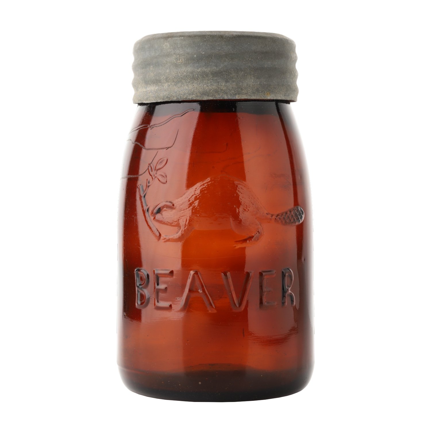 Very rare circa 1880-1900 left-facing beaver pint fruit jar attributed to the Sydenham Glass Factory in Wallaceburg, Ontario, dark amber-colored glass, with a zinc lid (CA$11,800).