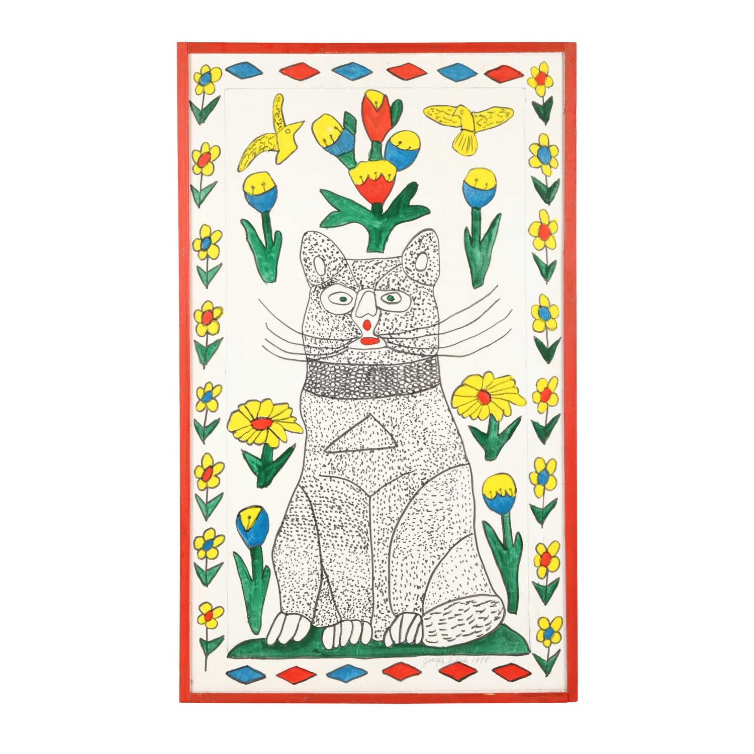 Latex and marker on Masonite painting by Joe Sleep (1914-1978), titled Cat (1978), depicting a cat surrounded by flowers and birds within a diamond and floral border (est. CA$5,000-$7,000).
