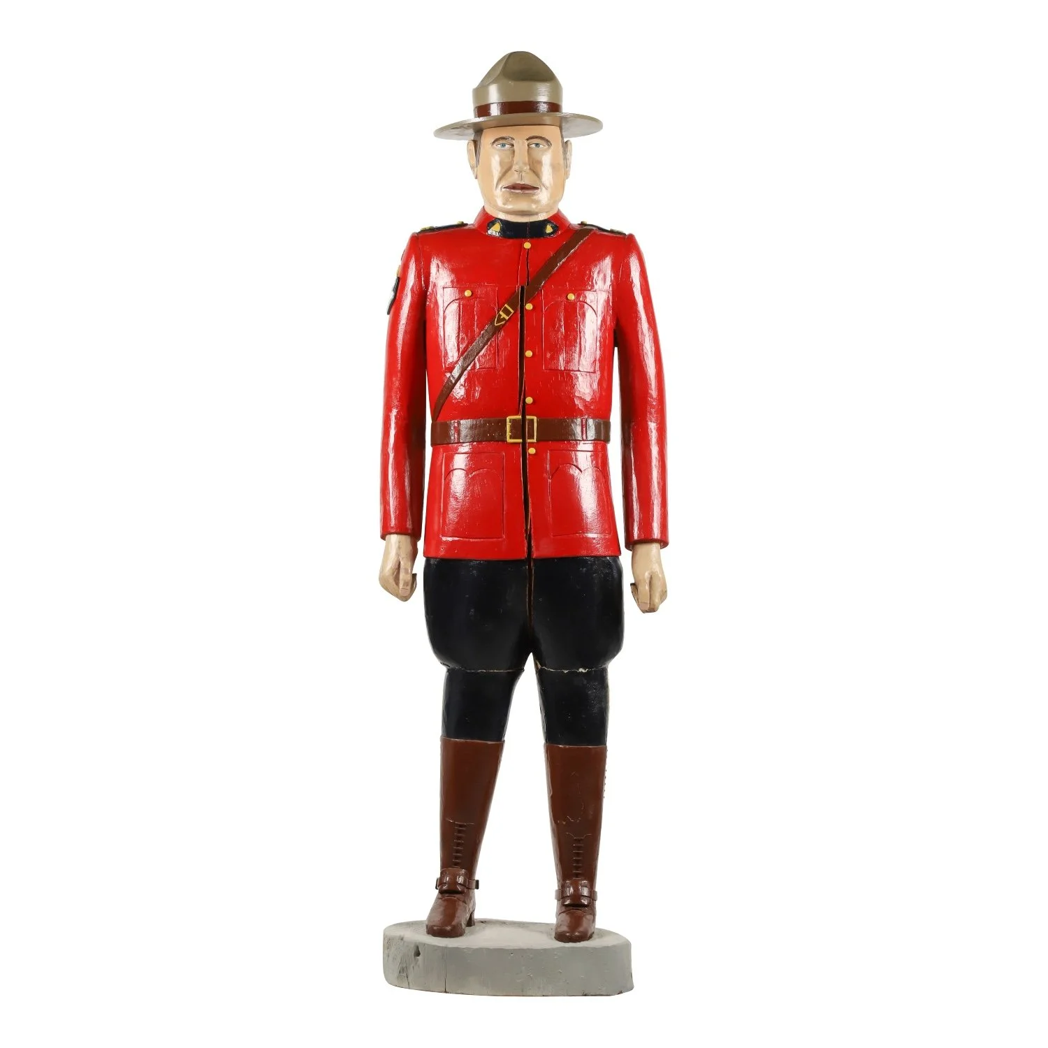 Highly detailed, full-size iconic Royal Canadian Mounted Police officer made circa 2000 of painted softwood by Lynn Seaboyer (1936-2018), titled The Mountie (est. CA$1,600-$2,000).